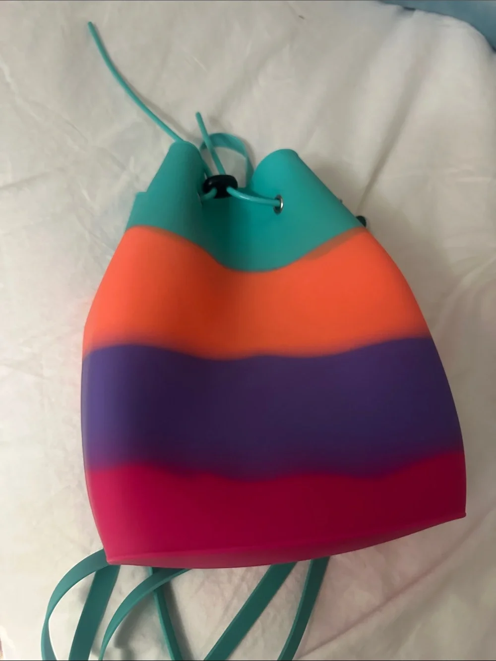 Colorblock Kids Drawstring Backpack in Teal, Orange, Purple and Pink